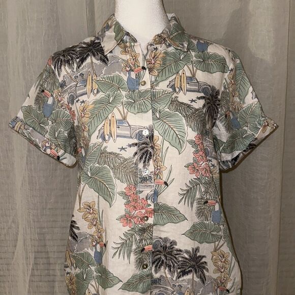 C&C XS Hawaiian Shirt Dress White Green Tropical Surf Boards Beach Toucan - Picture 3 of 10